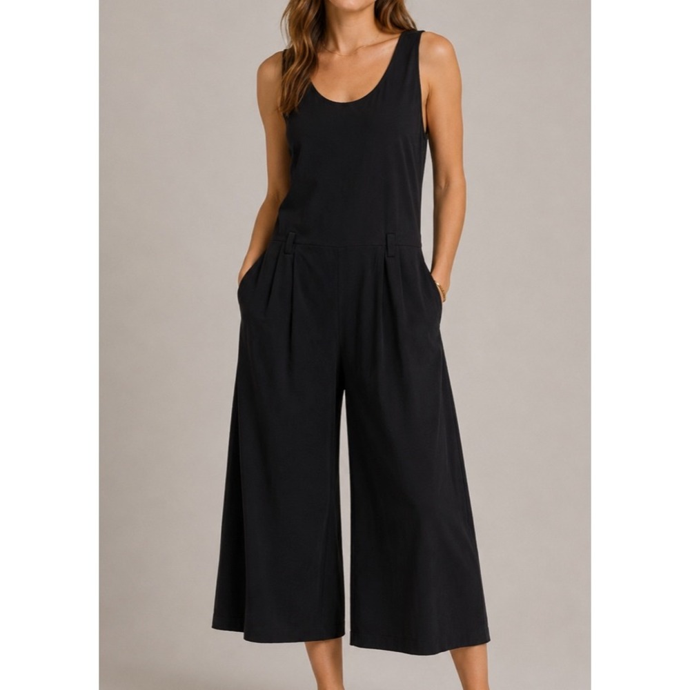 NEW Eileen Fisher Silk Stretch Scoop Neck Cropped Jumpsuit Black L F8SM-P1684M
